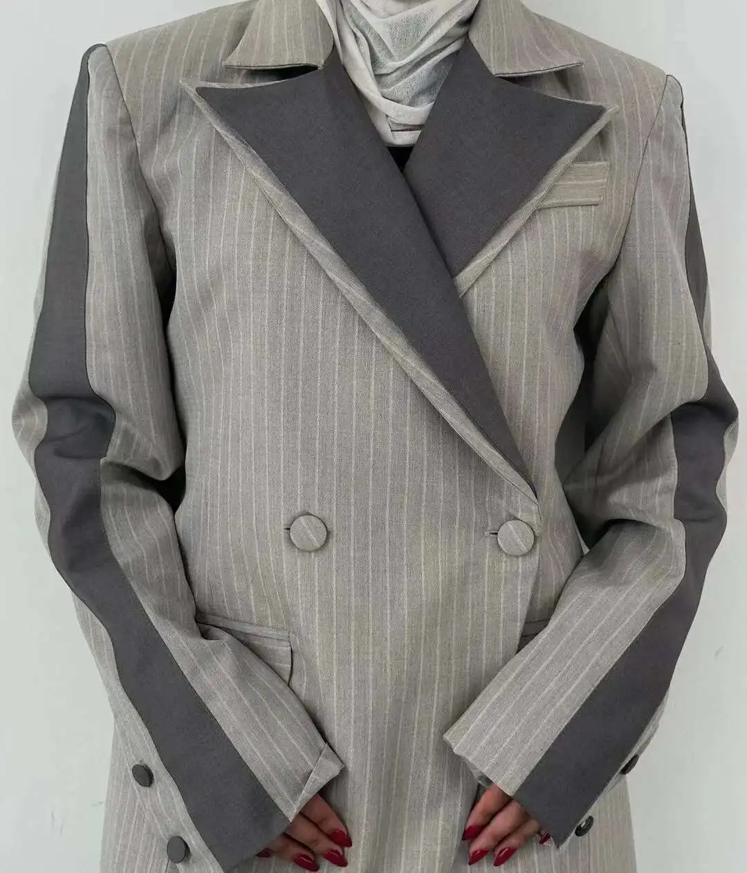 BJTZ 여성용 옷깃 정장 슬림 피트 패션 스트레이트 코트 스트라이프 패치 워크 포켓 디자인 자켓 2025 봄, 가을 새로운 스타일