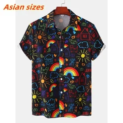 Rainbow Flowers Pattern Hawaiian Shirt For Men Colorful Graffiti 3D Printed Aloha Shirts Casual Lapel Tops Short Sleeves Blouses