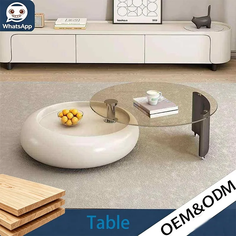 Cream Style High-End Rotating Round Coffee Table, Modern Designer Luxury Tempered Glass Tea Table for Tiny Household Living Room