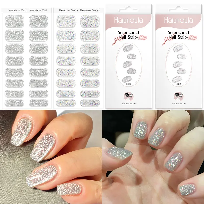 2Pcs Semi Cured Nail Wraps Set French Gradient Adhesive Waterproof Long Lasting Gel Polish Nails Stickers Kits for UV Lamp Need