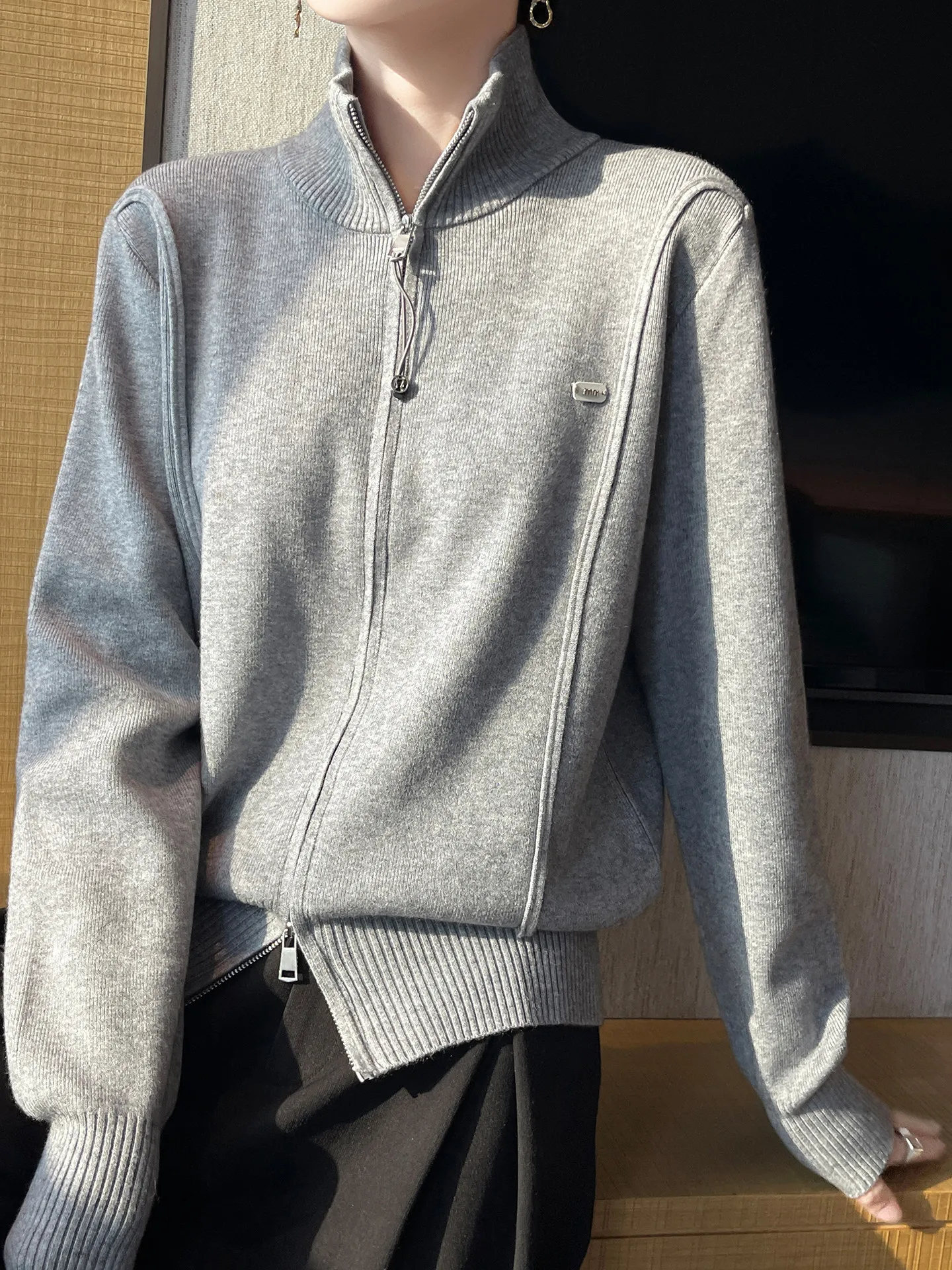 

ay High Collar Knitted Cardigan Spor ort Women's Faion Top Autumn Sweater Jaet Double Zipper Casual Commute Sle