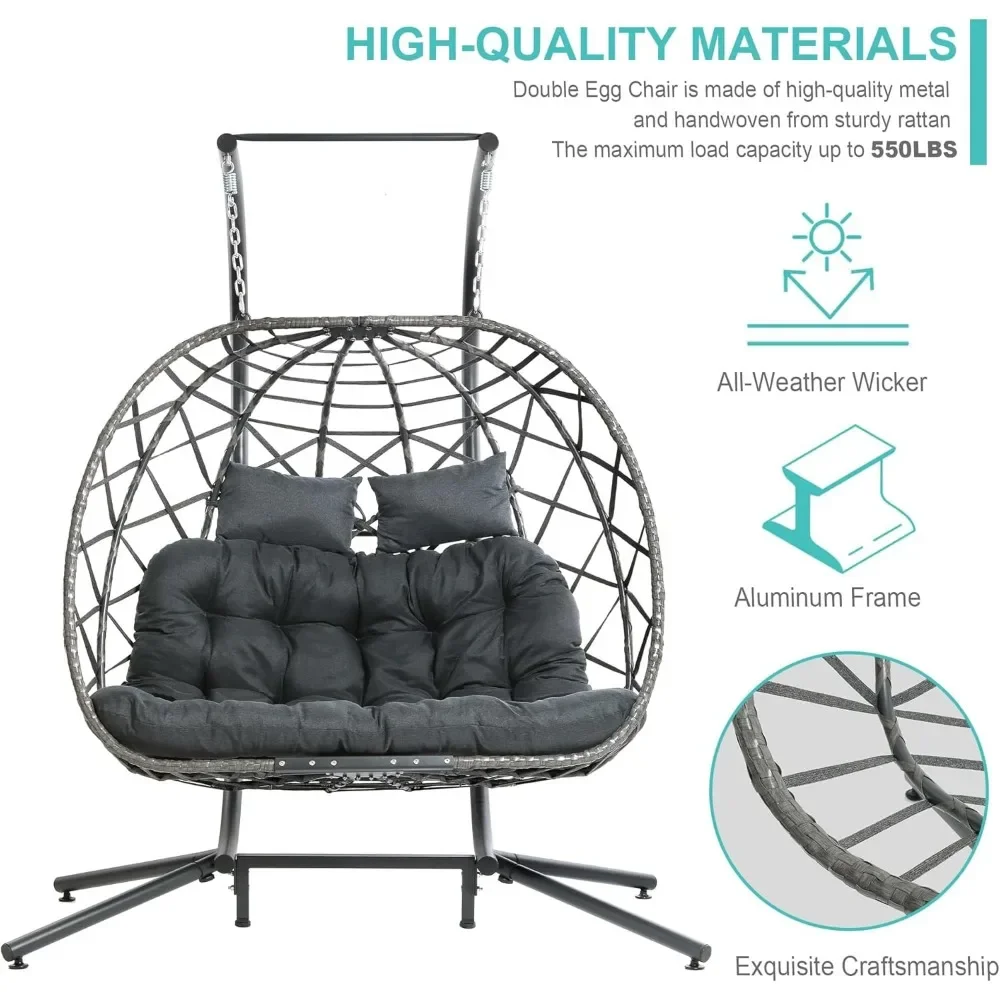 Double Egg Swing Chair with Stand, 2 Person Wicker Hanging Chair with Stand, Outdoor Indoor Oversized Hammock Chair