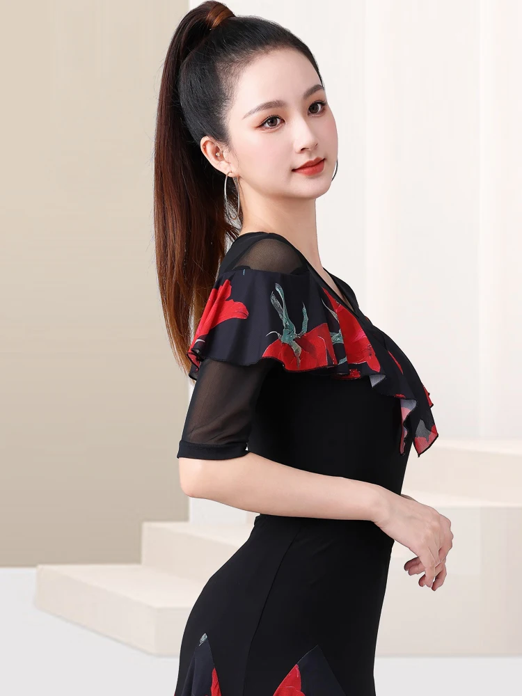 Nova meia manga malha impressão topo de dança de salão roupas femininas padrão nacional chacha rumba trajes de dança moderna dql11736