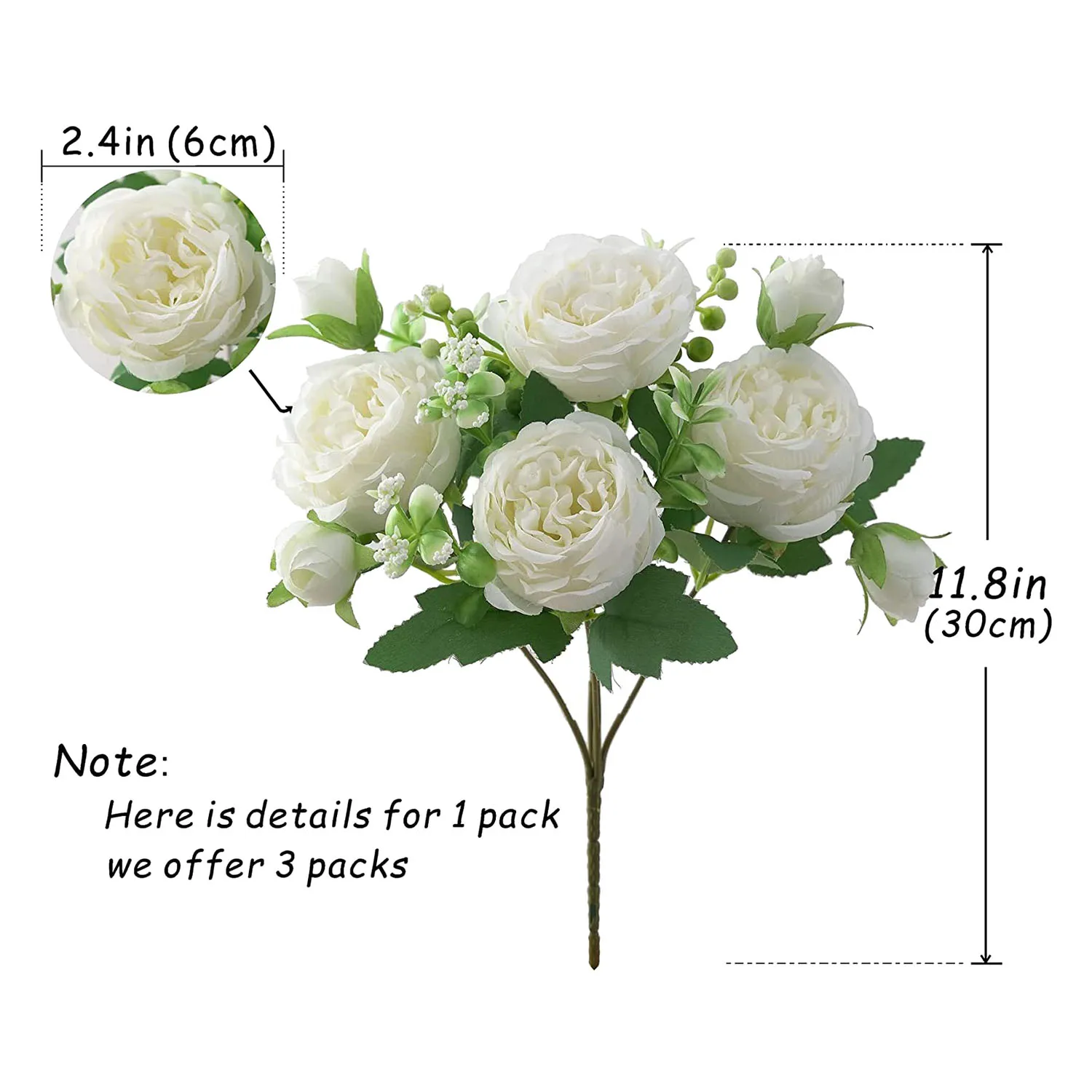 3 Bunches Peony Artificial Flower for Decoration Fake Rose Faux Bouquet Decor Flowers Arrangements Wedding White