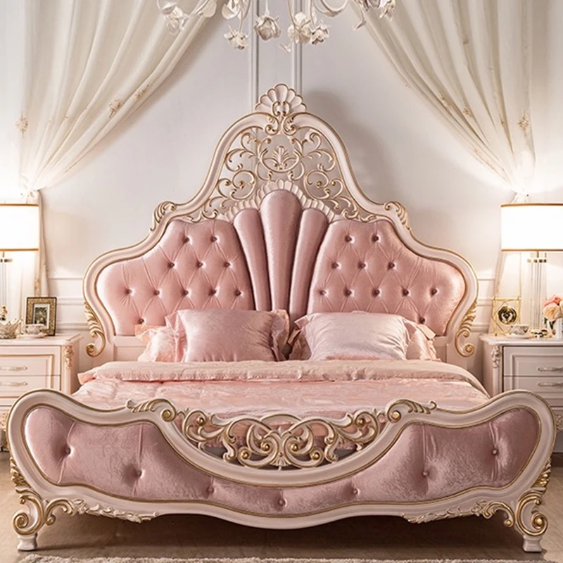 French Style Double Bed Elegant Pretty Pink Princess Bed Luxury Villa Cama Matrimonial Queen Bedroom Furniture Set