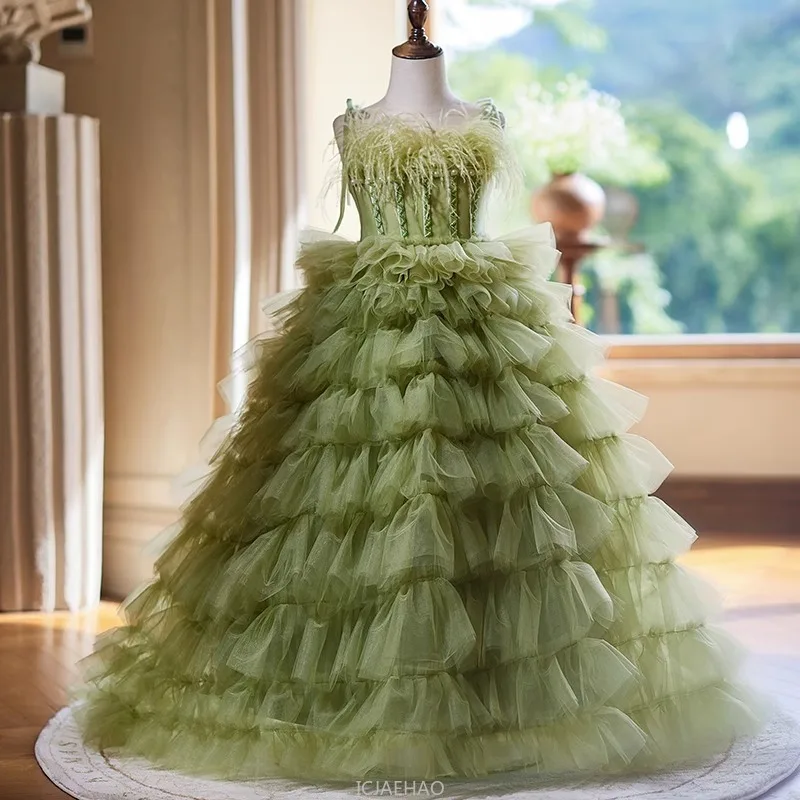 New Green Princess Dress Girls Pageant Gown Kids Piano Recital Toddler Fashion Show Elegant Outfit Birthday Party Performance