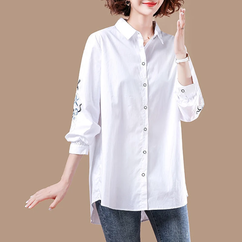 Korean Simple Embroidery White Cotton Button Up Shirts Spring Casual Long Sleeve Loose Tunic Tops Blouses for Women Clothes 2023