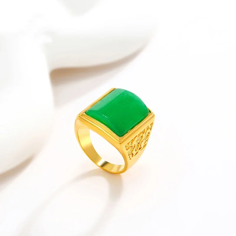 

Light Luxury 999 24K Real Gold Open Ring Trend Men's Artificial Gemstone Emerald Overbearing Ring