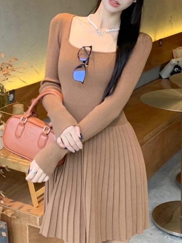 Outono inverno feminino malha dr gola quadrada longa sve fino ajuste ort saia linha a faionable plissado camada base dr