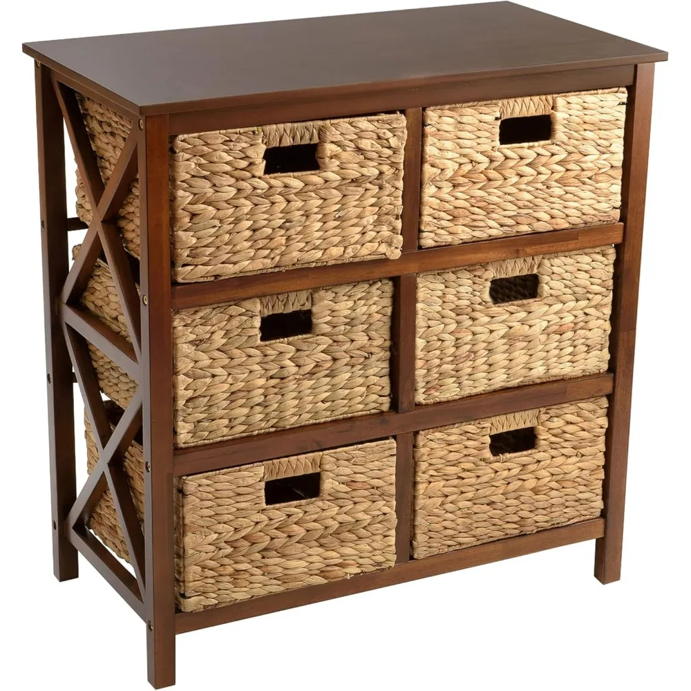 

3 Tier X-Side End Storage Cabinet with 6 Wicker Baskets, Walnut