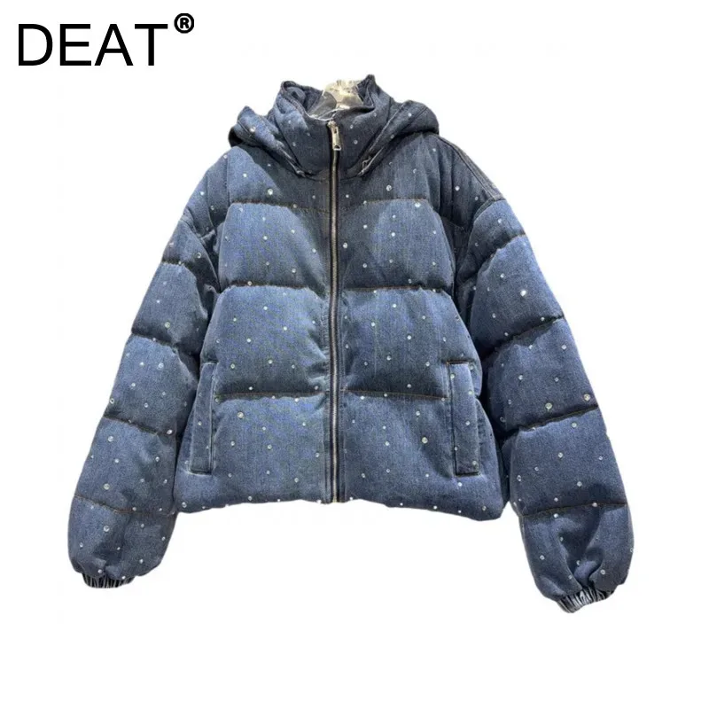 DEAT Women\'s Denim Coat Full Diamonds Zipper Hooded Thick Cotton-padded Loose Female Jackets 2024 New Fashion Winter 29L9026