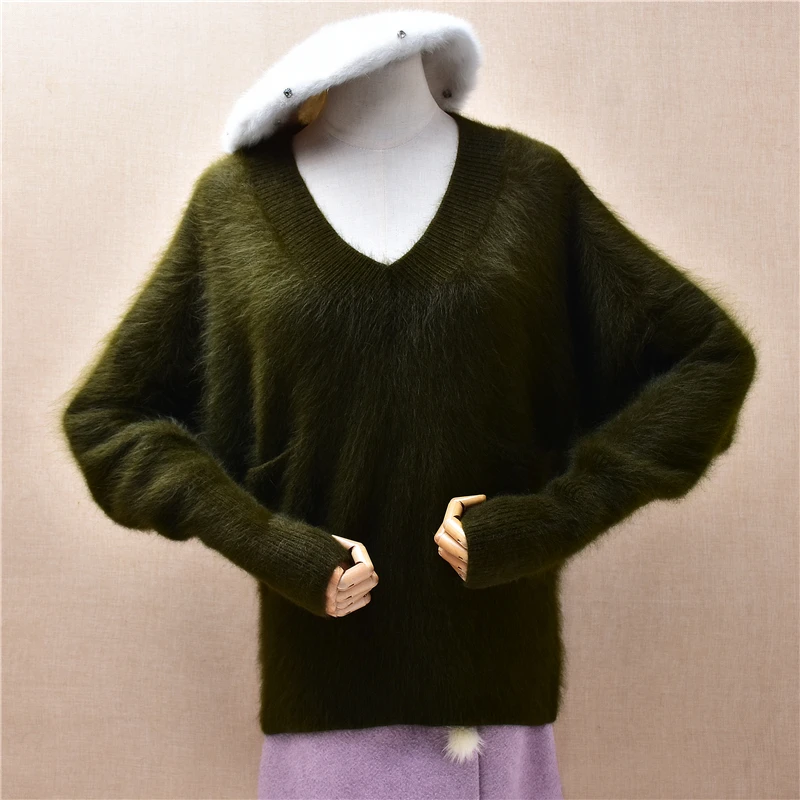 

Female Women Spring Winter Clothing Fashion Warm Hairy Mink Cashmere Knitted V-Neck Long Sleeves Loose Pullover Sweater Jumper