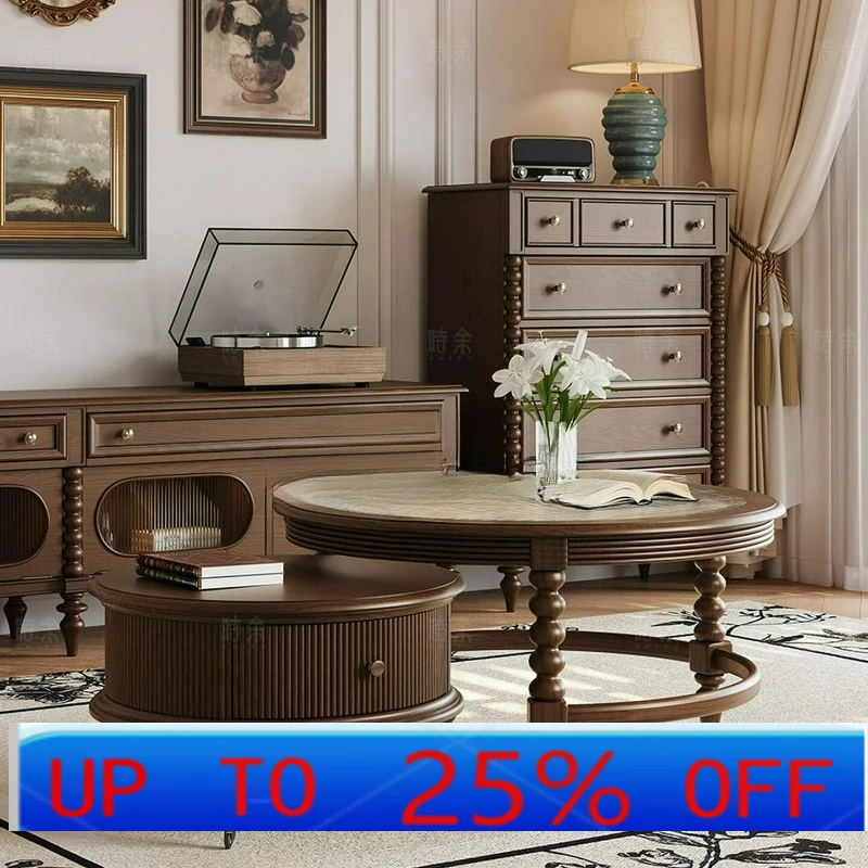 

LTT Mid-Century Solid Wood Vintage Style Round Coffee Table Living Room American Size Coffee Table TV Cabinet Combination