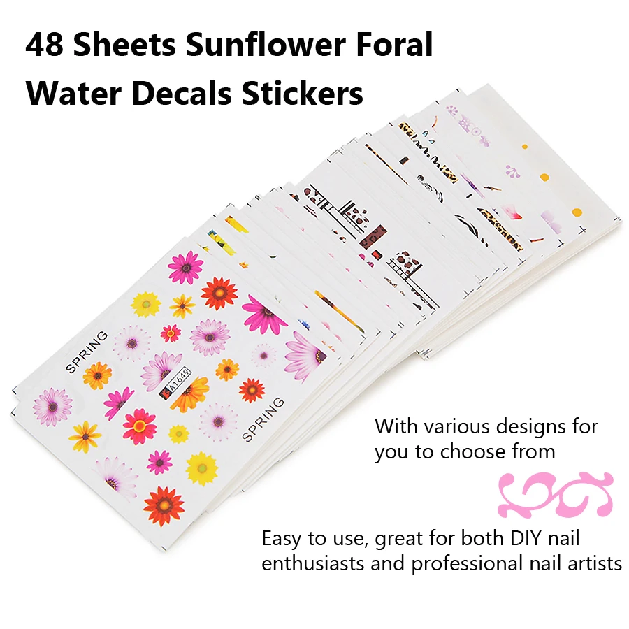 ชุดสติกเกอร์ติดเล็บลายเสือดาวดอกทานตะวัน48ชิ้นลายเล็บตกแต่งภาพสไลเดอร์น้ำ