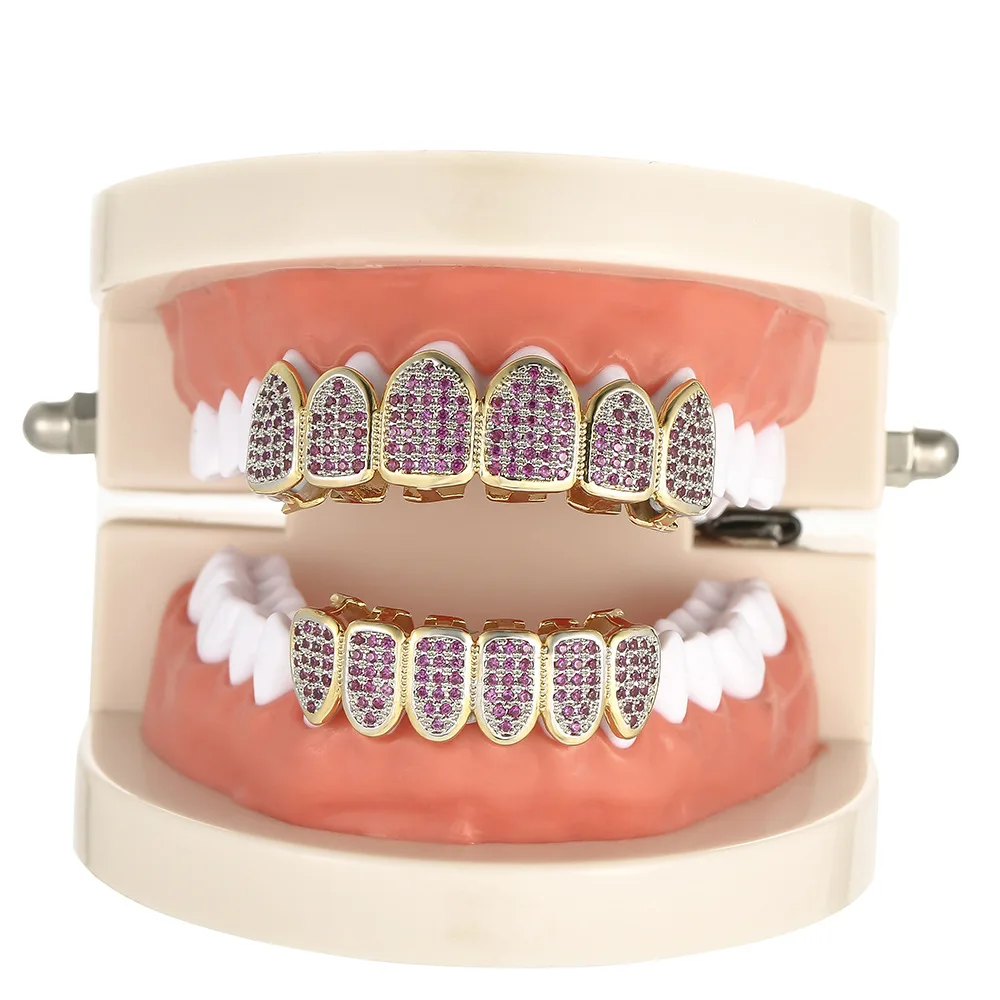 Hip Hop voll cz lila Steine Zähne Grillz Kappen Zirkon vereist Micro Top & Bottom Charm Grills Set für Männer Frauen Schmuck