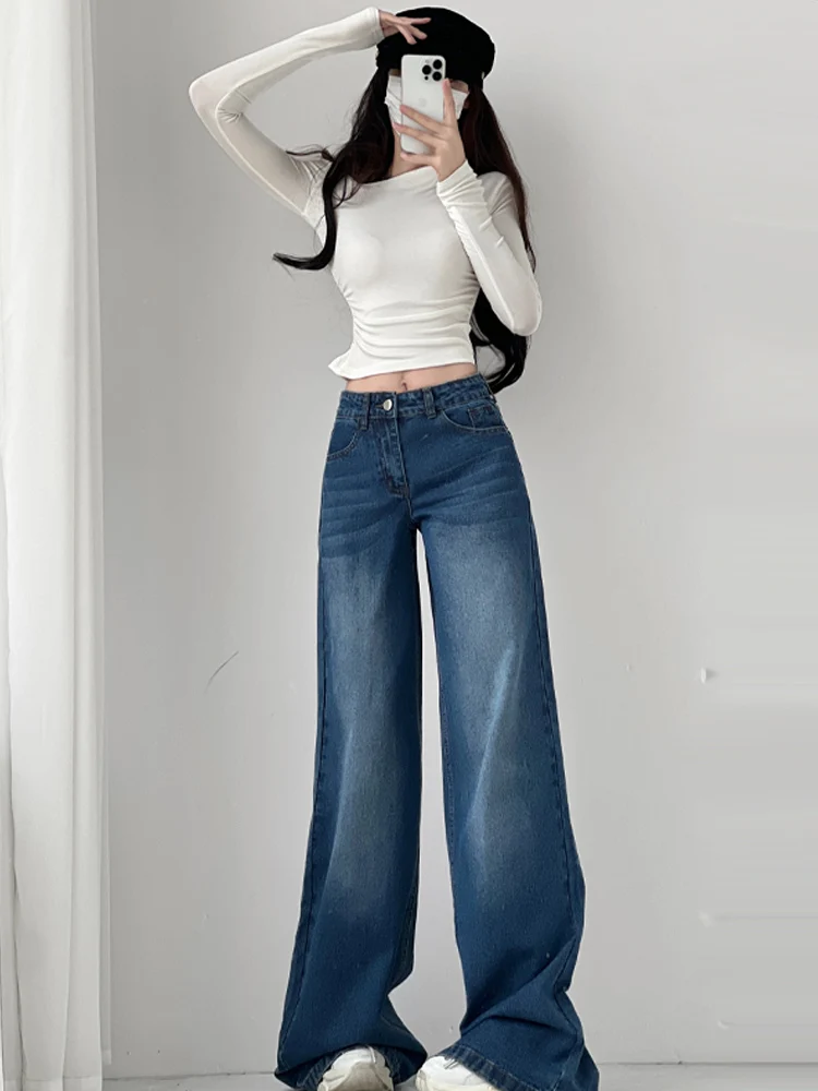 

Синие широкие джинсы в стиле ретро с низкой талией, расклешенные драпированные длинные брюки для похудения, осень-зима, свободный крой, эффективная высокая талия