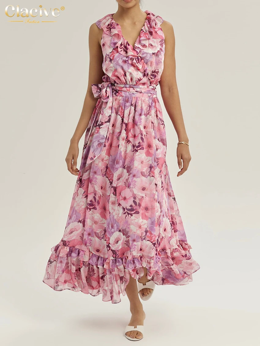 

Clacive Summer Loose Print Women's Dress 2026 Sexy V-Neck Sleeveless Ankle Length Dresses Elegant Classic Pleated Female Dress