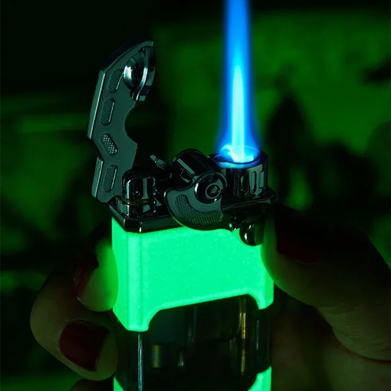 Metal Rocker Arm Luminous Butane Gas Torch Lighter Transparent Gas Window Windproof Jet Blue Flame Cigar Lighters Smoking Gadget view 5