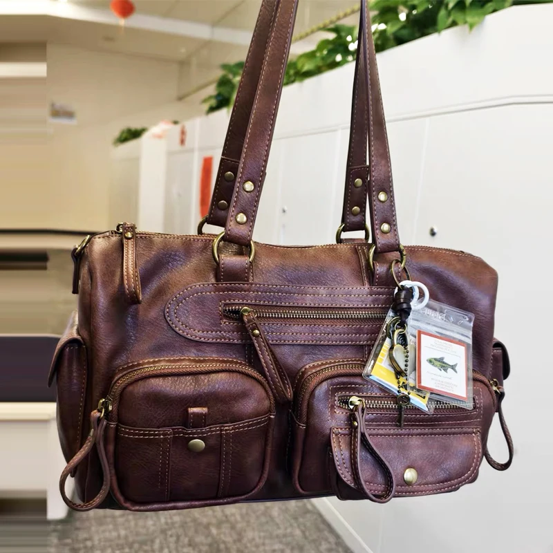 

England Style Boston Bag For Women Luxury Designer Handbag Purse 2026 New In PU Vintage Rivet Multiple Pockets Underarm Shoulder