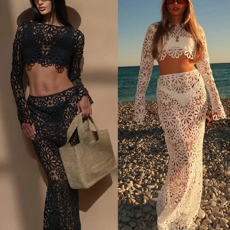 Elegant Embroidery Hollow Out Beach Dresses Set Sexy See Through Crop Top Long Skirt Women Streetwear Suits Summer Women Outfits