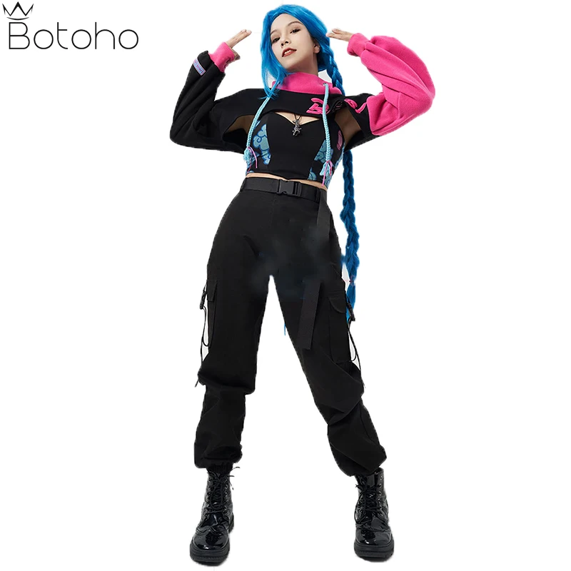 

Game LOL Arcane Cosplay Jinx Doujin Fashion Hooded Sweatshirt Anime League Costumes Girls Velvet Jacket Sports Vest Necklace Set