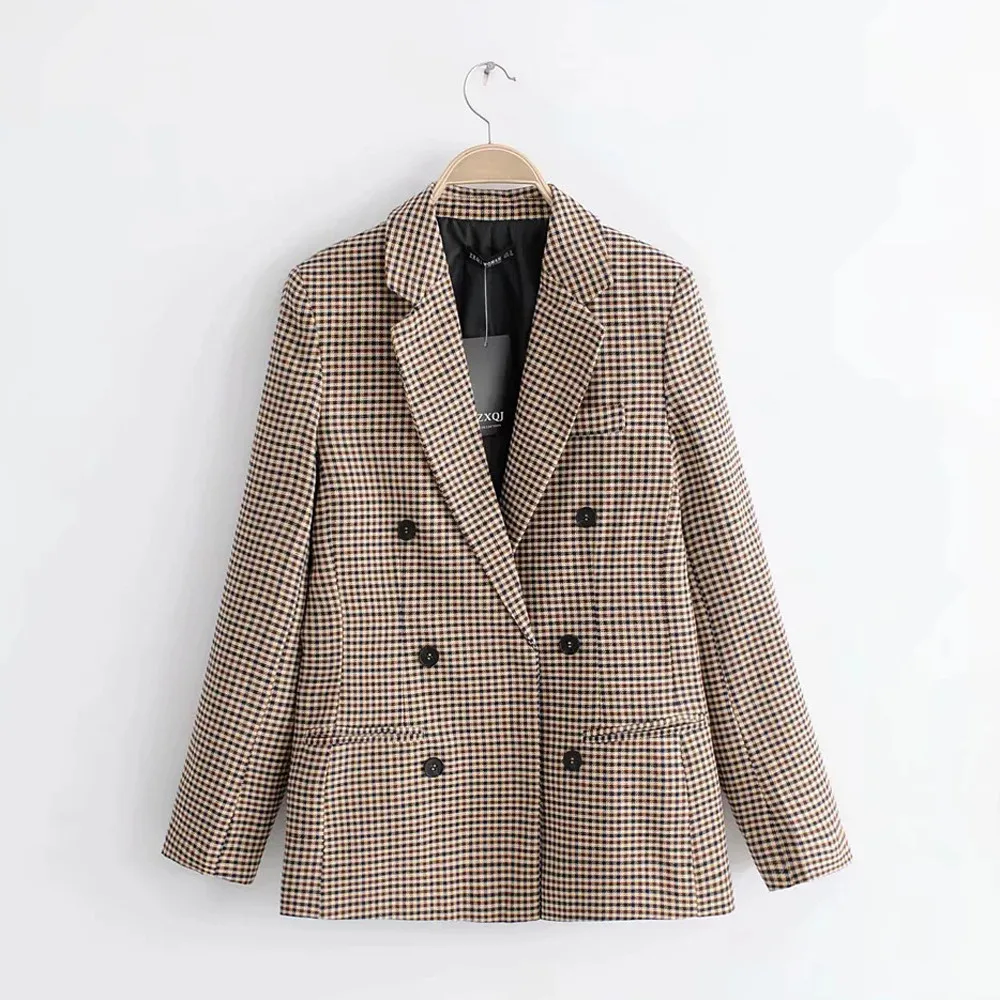 Retro Women Plaid Blazer Notched Collar Lattice Suit Jacket Double Breasted 2023 Office Lady Loose Blazer Coats Chic Outwear