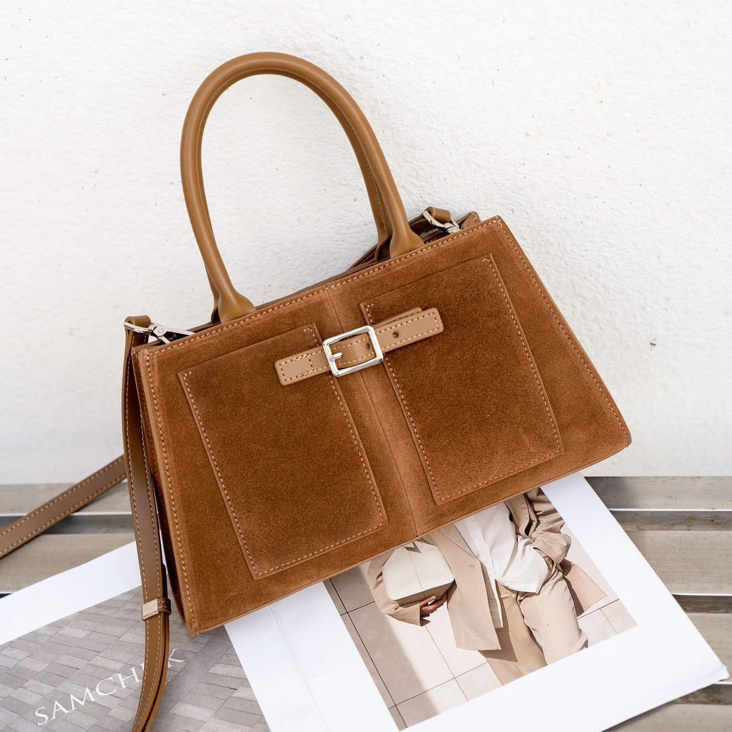 

Pocket Belt Design Woman Genuine Leather Handbag 2025 New Frosted Cow Leather Tote Bag Fashion Ladies Shoulder or Crossbody Bag