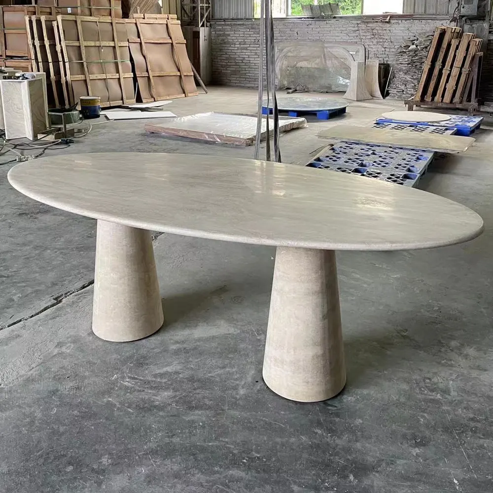 

Modern Beige Travertine Dining Table Stone Furniture Dining Table Fluted Oval Marble Travertine Dining Table
