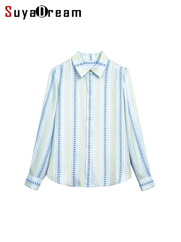 SuyaDream, Woman Striped Shirts, 100%Silk Crepe, Printed Light Blue Blouses, 2025 Spring Autumn Office Lady Top