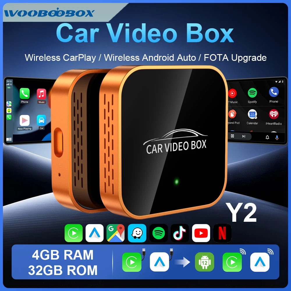 

Android Auto CarPlay Car Video Box Wired to Wireless Play USB WIFI Adapter For Netflix Youtube Universal TV BoxY2 Wooboobox