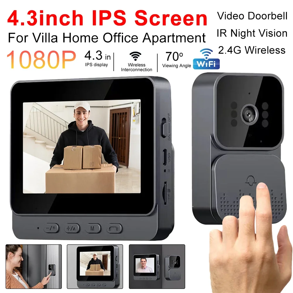 IR 나이트 비전 무선 문짝 비디오 초인종, 1080P, 4.3 인치 IPS 스크린 초인종 카메라, 빌라 홈 오피스 아파트용 2.4G