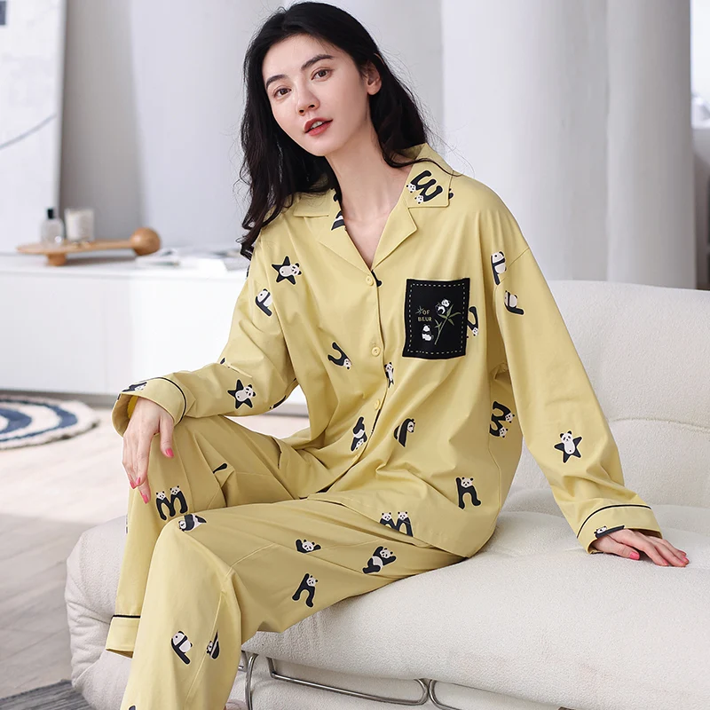 New pure cotton pyjamas female women's pajamas cardigan bright and cute little bear pattern women's casual home wear