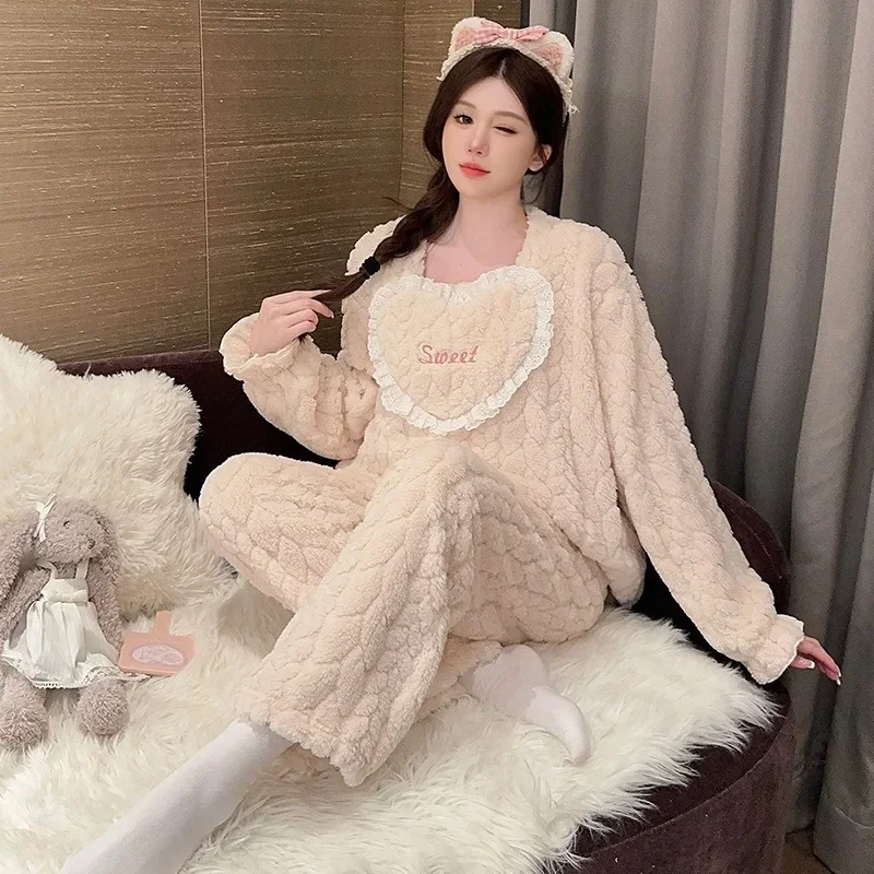 Plus Size 5XL Women Winter Warm Coral Fleece Pajamas Sets Long Sleeve Top Pants Suit Sleepwear Soft Flannel Home Clothes Outwear