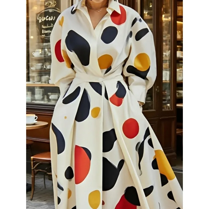 T Е Punti colorati Abiti taglie forti Donna 2025 Abbigliamento da ufficio Pieghe risvolto Tasche a maniche lunghe Camicie femminili Abito 186802