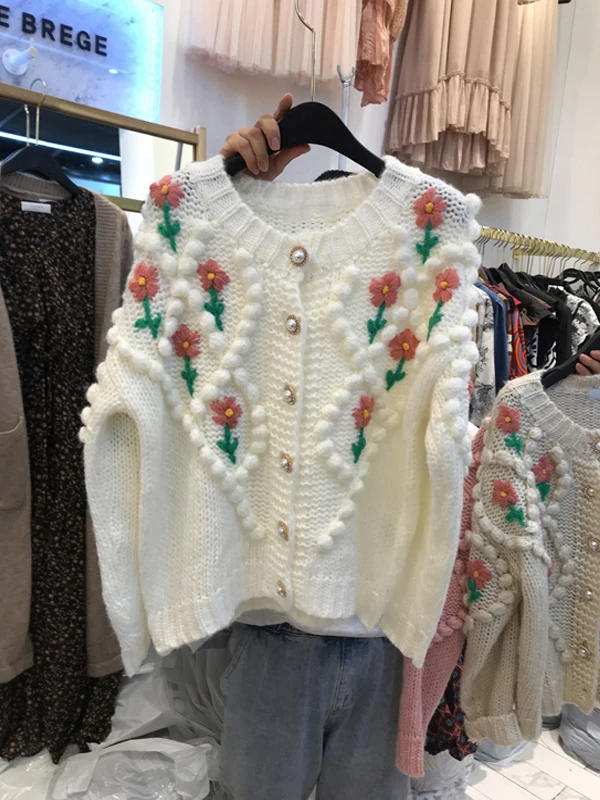 

Женский вязаный свитер Hanrted ort Sve с 3D-вышивкой цветов, корейский стиль, длинный кардиган, теплый...