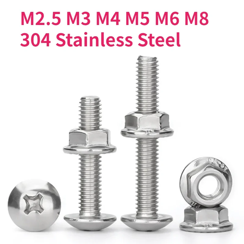 

M2.5 M3 M4 M5 M6 M8 304 A2-70 Stainless Steel TM Screws Phillips Truss Mushroom Head Screw Flange Nuts Combination Kit Set