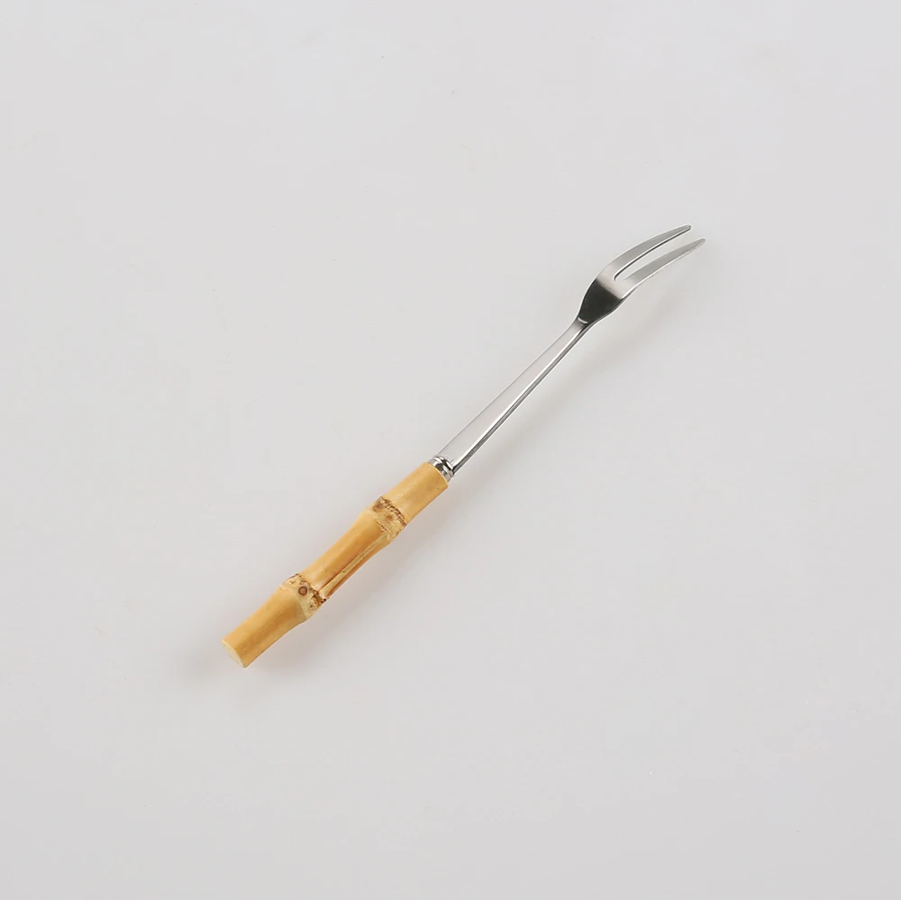 Novelty Two Teeth  Stainless Steel Long Handmade Natural Bamboo Root Wood Handle Cake Dessert Small Fruit Fork