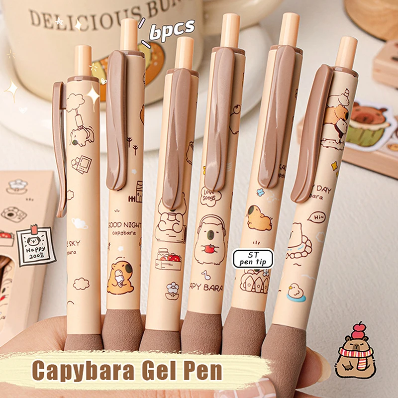 Pluma de Gel de dibujos animados Kawaii Capybara, bolígrafos neutros de secado rápido, escritura suave, suministros de oficina, regalos de papelería bonitos, 6 piezas