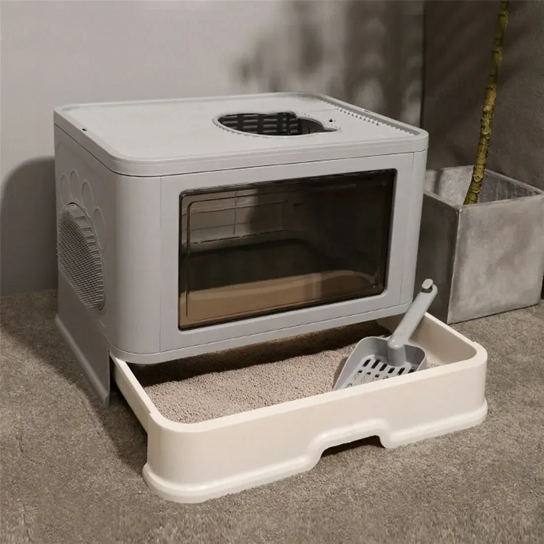 Foldable Cat Litter Box Front Entry & Top Exit Boxes with Scoop Enclosed Kitty Toilet Tray Pan