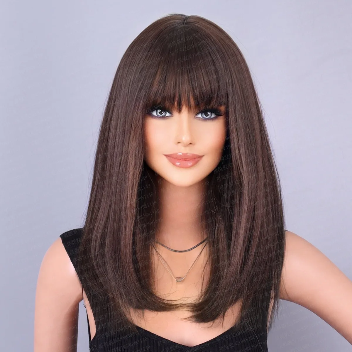 

European and American wigs Qi bangs black brown shoulder length straight hair tail curl modified face shape high temperature sil