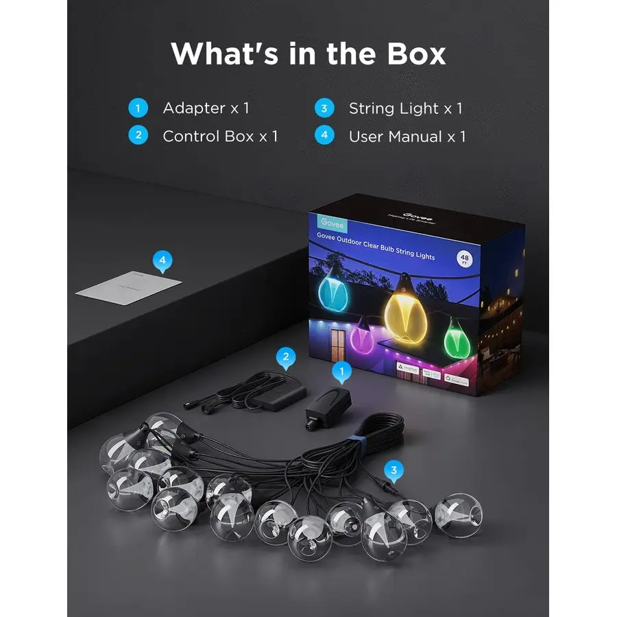 Outdoor Clear Bulb String Lights, 48ft RGBWIC Outdoor Lights with 15 Dimmable Warm White LED Bulbs, 111 Scene Modes for Patio, B