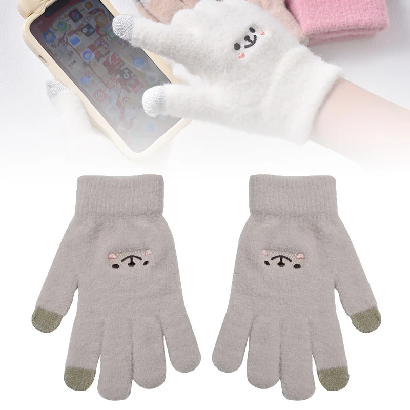 

Kawaii Knitted Gloves Cute Cartoon Embroidered Bear Touchscreen Glove for Women Autumn Winter Warm Shopping Knit Soft Gloves