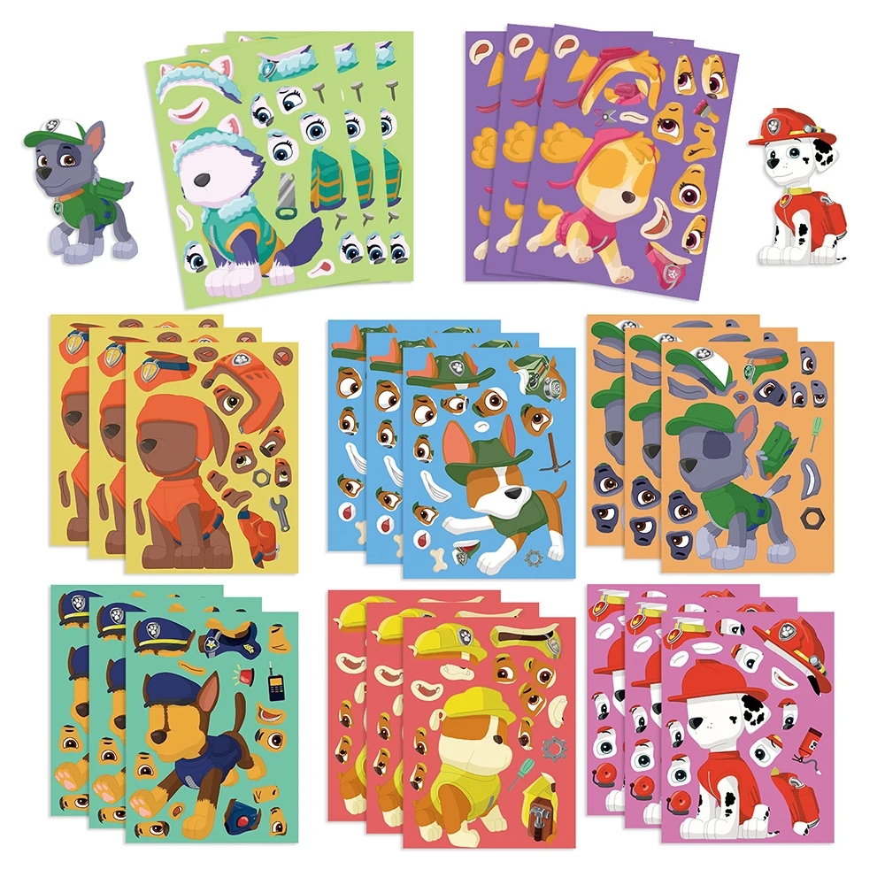 8/16Sheets Make a Face PAW Patrol Puzzle Stickers Chase Assemble Cartoon Decals Kids Jigsaw Party Decoration Children Boy Toys