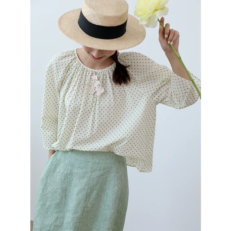 

New Summer Production Pure Cotton Salt Sink Fabric Bird Pin Head over irt een Dot Loose Fit Women's Original Design irt