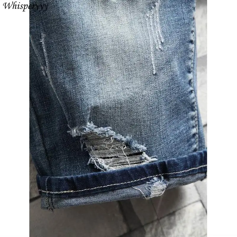 ウルフヘッド刺繍デニムショーツメンズストリートカジュアル 5 点パンツヒップホップ夏弾性スリムジーンズミドルパンツ男性