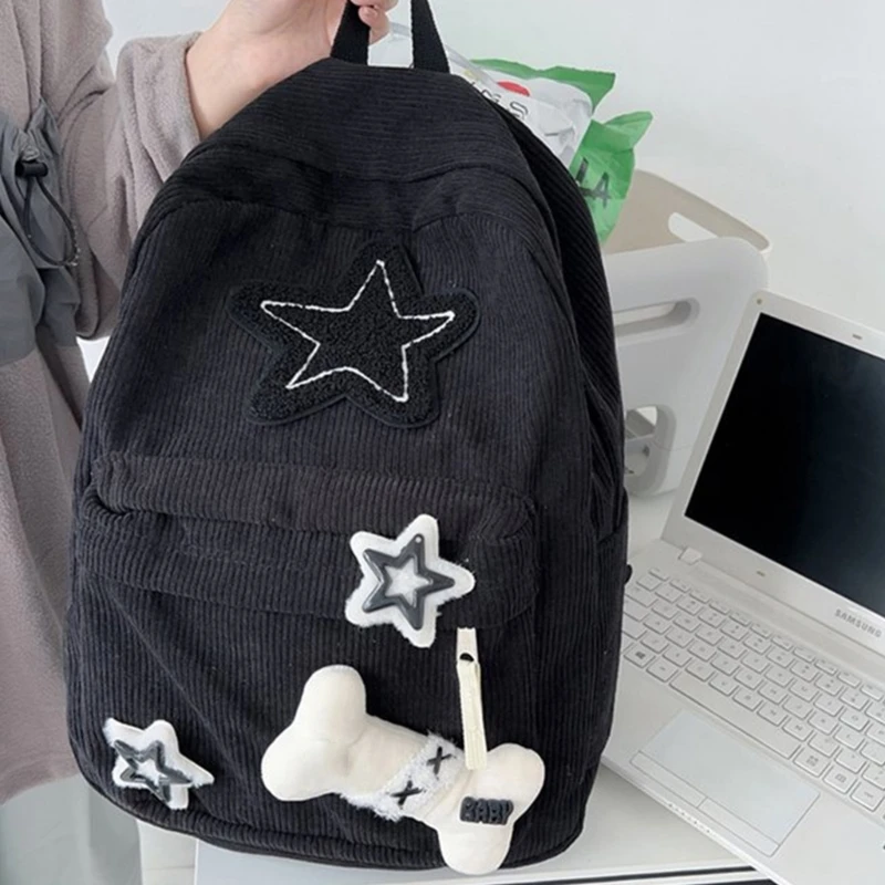 Cute Y2K Aesthetic Backpack Stars Pattern Preppy Rucksack College Student Computer Backpack Corduroy Bookbag for Girl