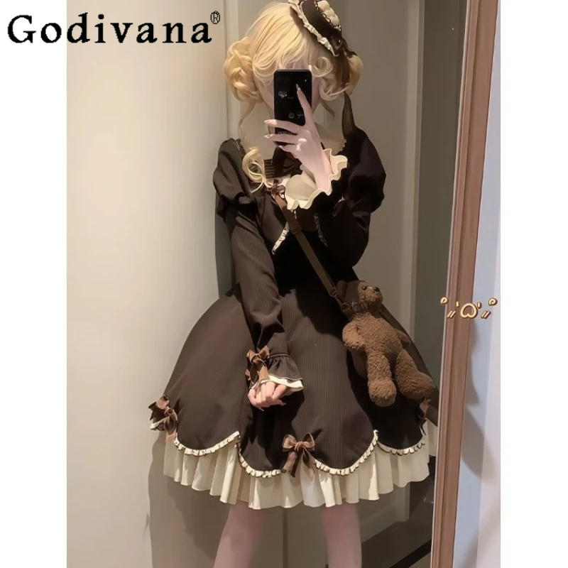 

Коричневое милое осеннее платье в стиле Лолиты с длинными рукавами, женское платье принцессы из двух предметов с бантом, женское пышное платье с бантом в японском стиле