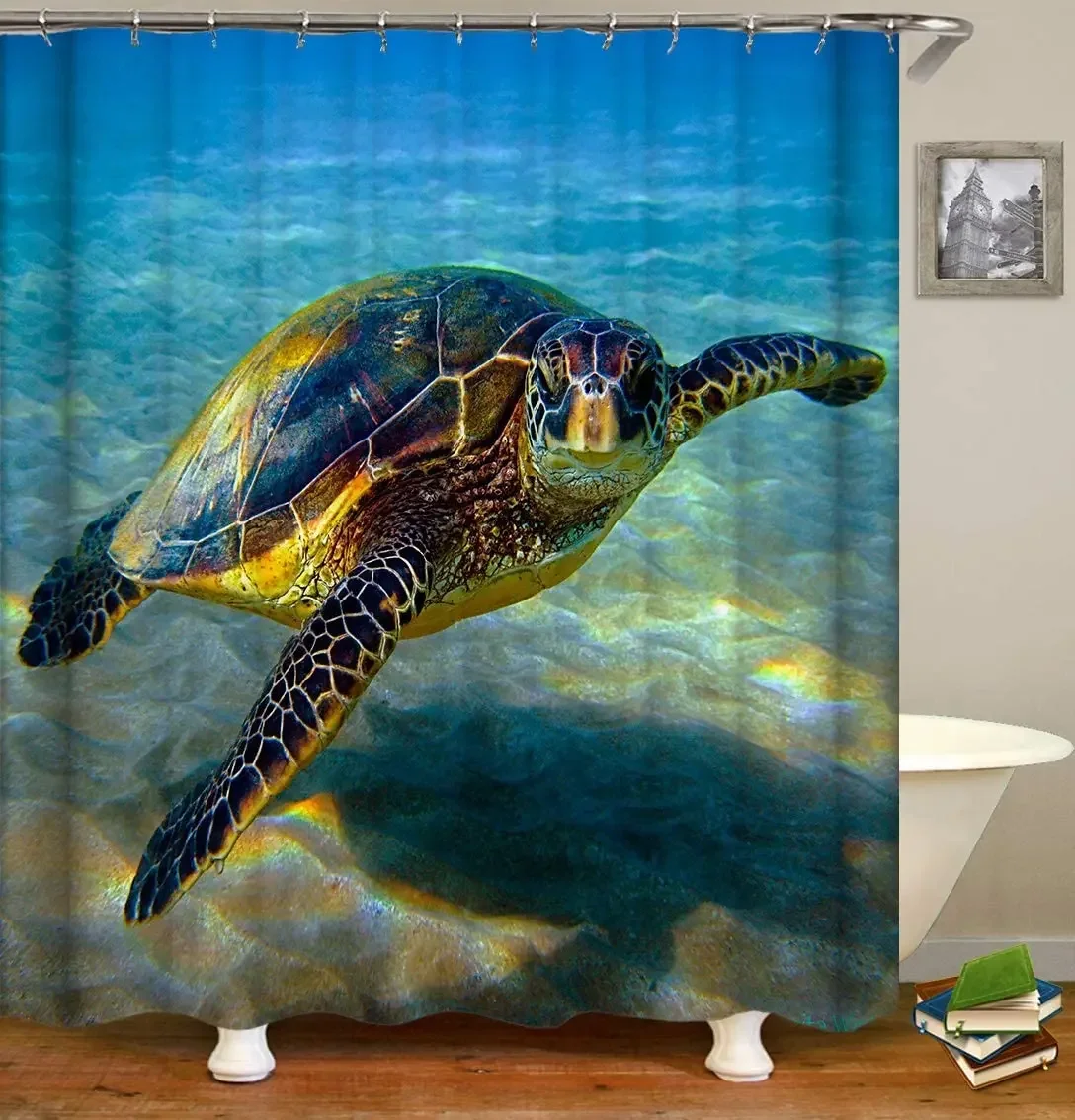 Ocean Jellyfish Shower Curtains Fabric, Jellyfish in The Deep Ocean, Foamy Dreamy Blue Ocean Polyester Cloth Print Bath Curtains