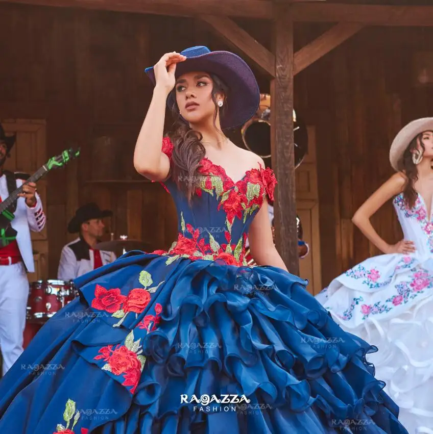 CustomizedRoyal Blue Charro Mexican Princess Quinceanera Dresses Off Shoulder Floral Applique Lace-up Corset vestidos de 15 años