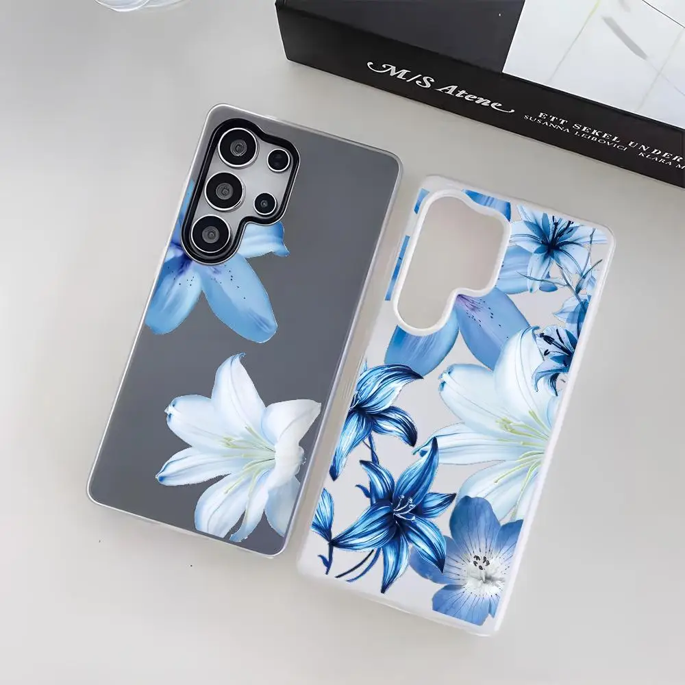 Midnight Blue Lily Glow Phone Case For Samsung Galaxy S25 S24 S23 Ultra Jelly Clear Case Soft TPU 2-in-1 Shockproof Cover